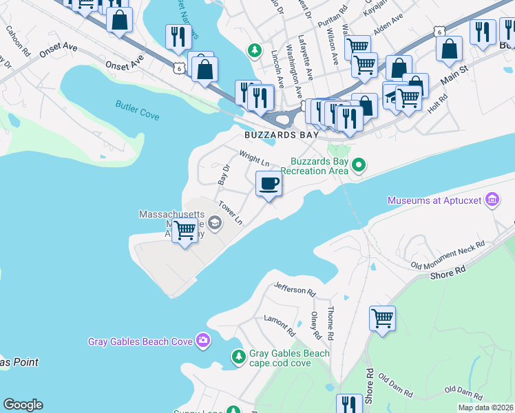 map of restaurants, bars, coffee shops, grocery stores, and more near 58 Bourne Neck Drive in Bourne
