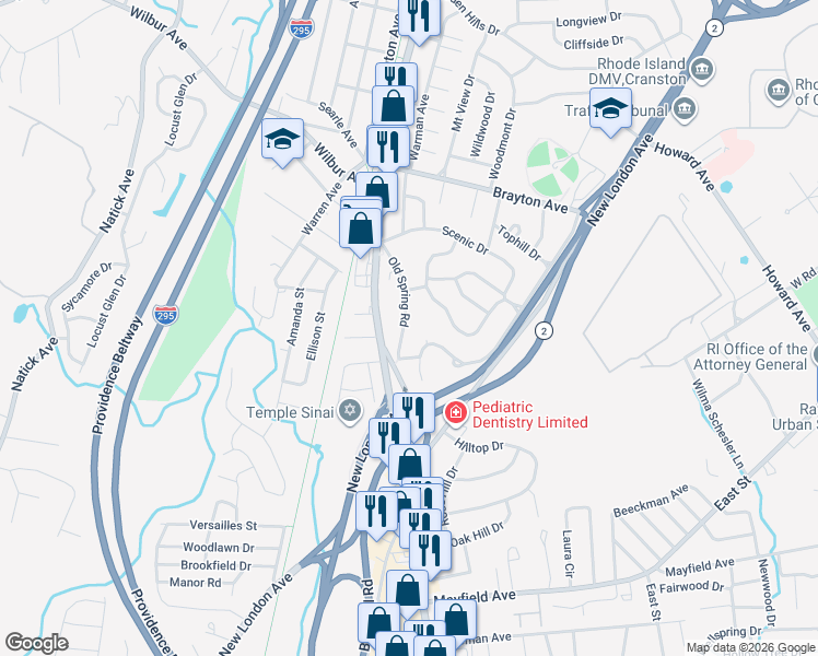 map of restaurants, bars, coffee shops, grocery stores, and more near 88 Old Spring Road in Cranston