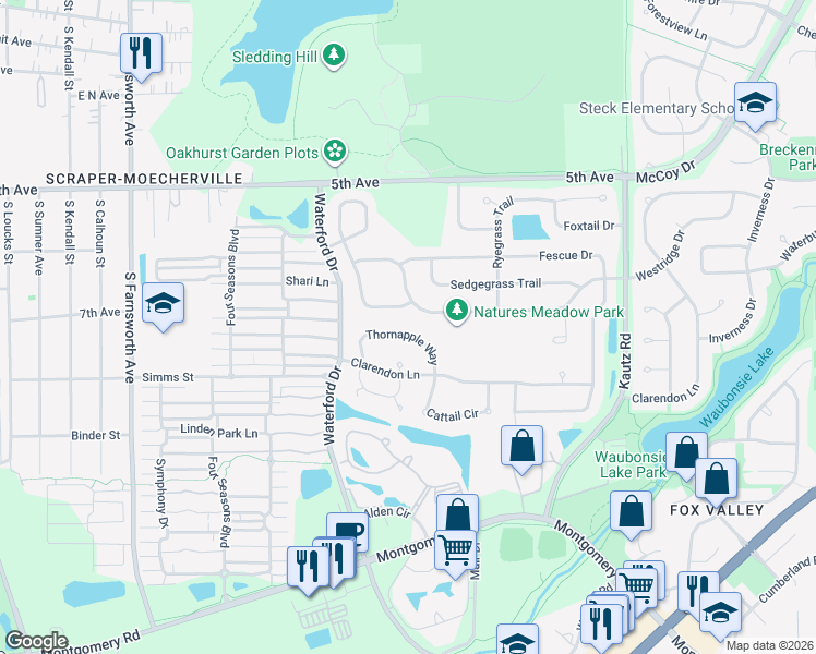 map of restaurants, bars, coffee shops, grocery stores, and more near 1822 Thornapple Way in Aurora