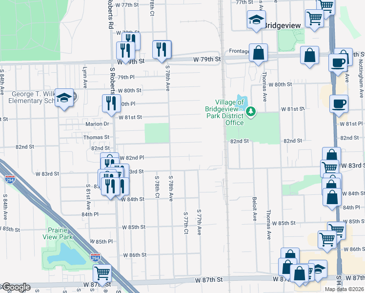 map of restaurants, bars, coffee shops, grocery stores, and more near 7743 82nd Street in Bridgeview