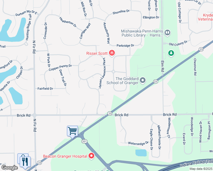 map of restaurants, bars, coffee shops, grocery stores, and more near 14445 Meadow Run Court in Granger