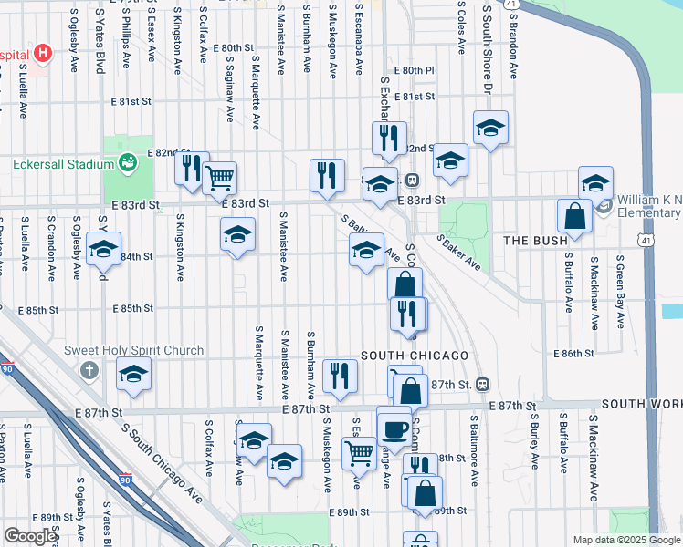map of restaurants, bars, coffee shops, grocery stores, and more near 8423 South Muskegon Avenue in Chicago