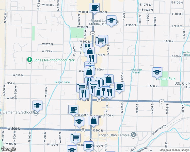 map of restaurants, bars, coffee shops, grocery stores, and more near 550 North Main Street in Logan
