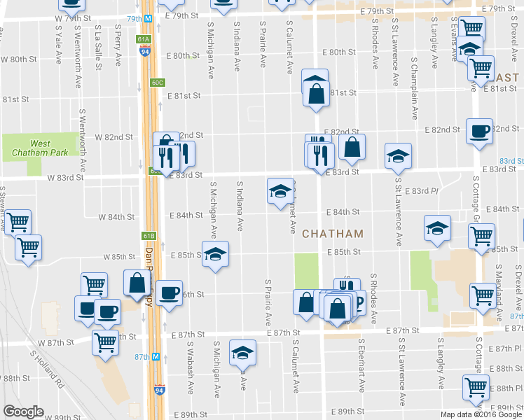 map of restaurants, bars, coffee shops, grocery stores, and more near 8356 South Prairie Avenue in Chicago