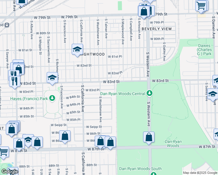 map of restaurants, bars, coffee shops, grocery stores, and more near 2620 W 83rd Pl in Chicago