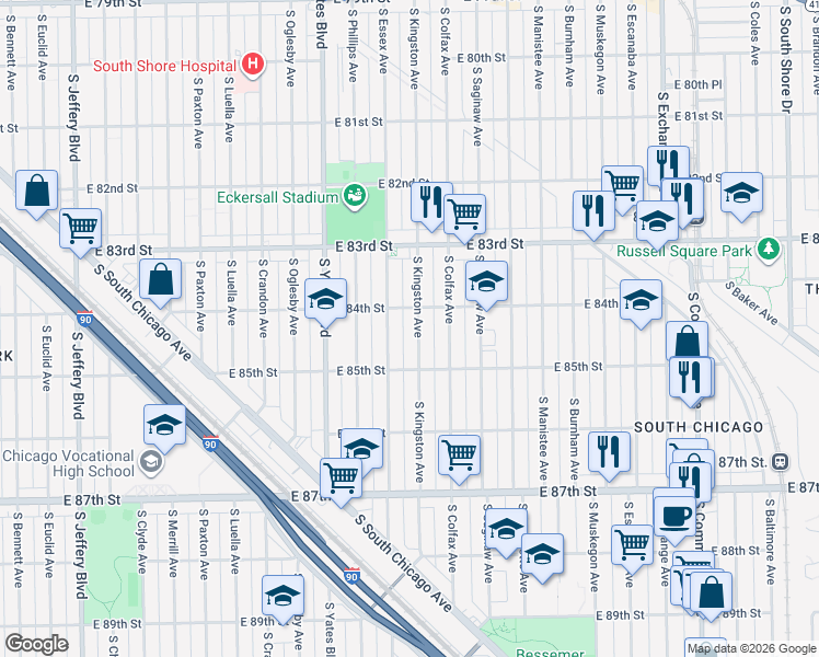 map of restaurants, bars, coffee shops, grocery stores, and more near 8420 South Kingston Avenue in Chicago