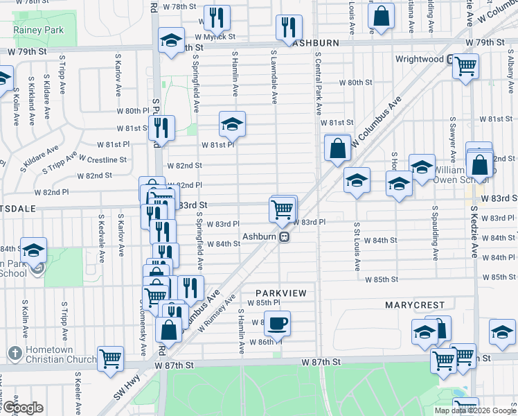 map of restaurants, bars, coffee shops, grocery stores, and more near 3727 West 83rd Street in Chicago