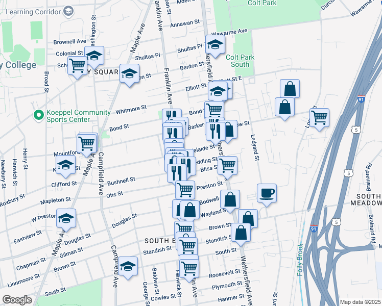 map of restaurants, bars, coffee shops, grocery stores, and more near 51 Adelaide Street in Hartford