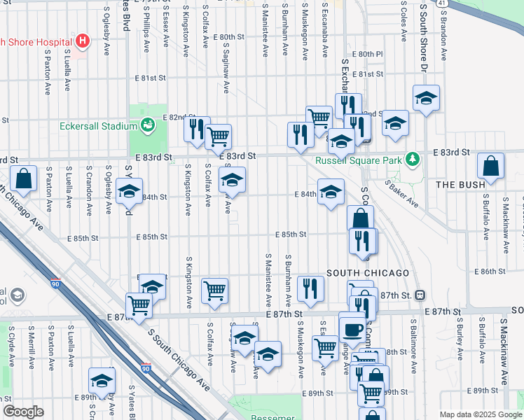map of restaurants, bars, coffee shops, grocery stores, and more near 8422 South Manistee Avenue in Chicago