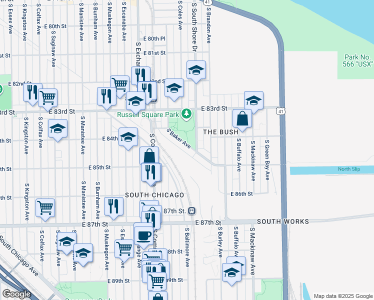 map of restaurants, bars, coffee shops, grocery stores, and more near 8370 South Baker Avenue in Chicago