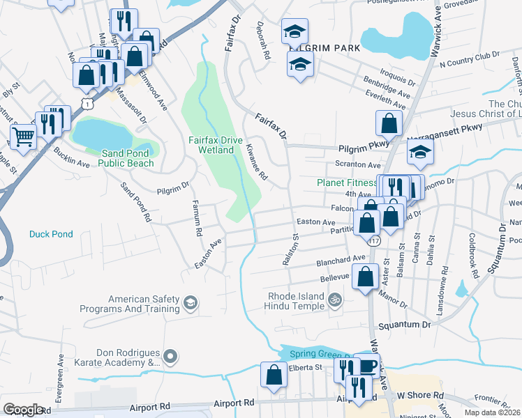map of restaurants, bars, coffee shops, grocery stores, and more near 185 Falcon Avenue in Warwick