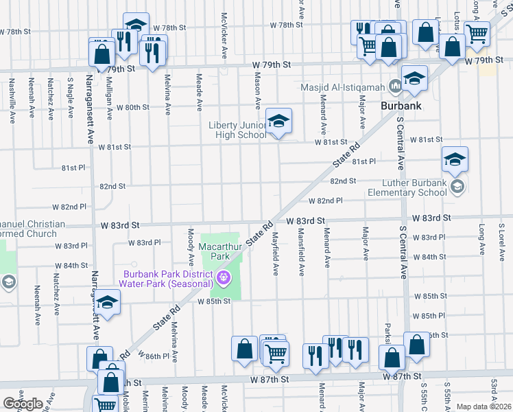 map of restaurants, bars, coffee shops, grocery stores, and more near 8224 Mason Avenue in Burbank