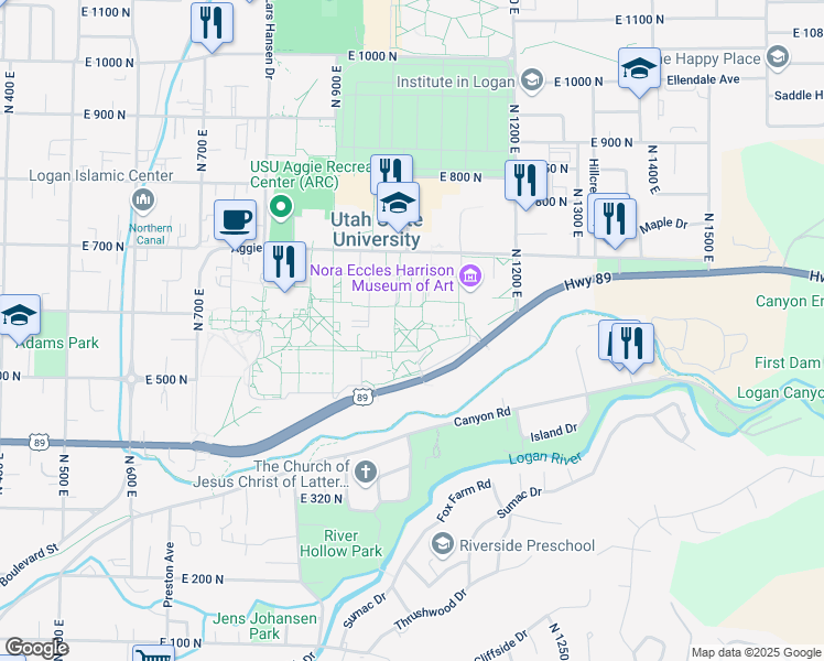 map of restaurants, bars, coffee shops, grocery stores, and more near 3000 Old Main Hill in Logan