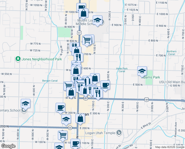 map of restaurants, bars, coffee shops, grocery stores, and more near 567 North 100 East in Logan