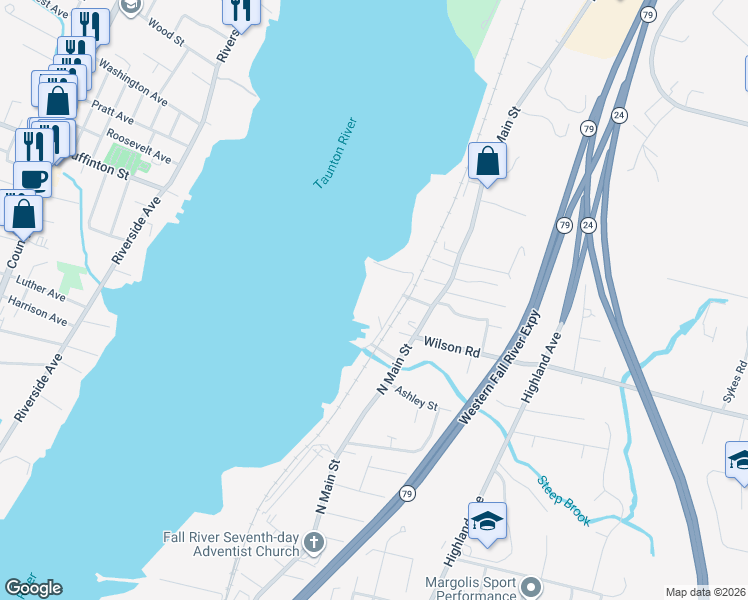 map of restaurants, bars, coffee shops, grocery stores, and more near 180 River Street in Fall River