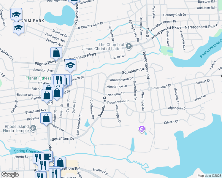 map of restaurants, bars, coffee shops, grocery stores, and more near 191 Algonquin Drive in Warwick