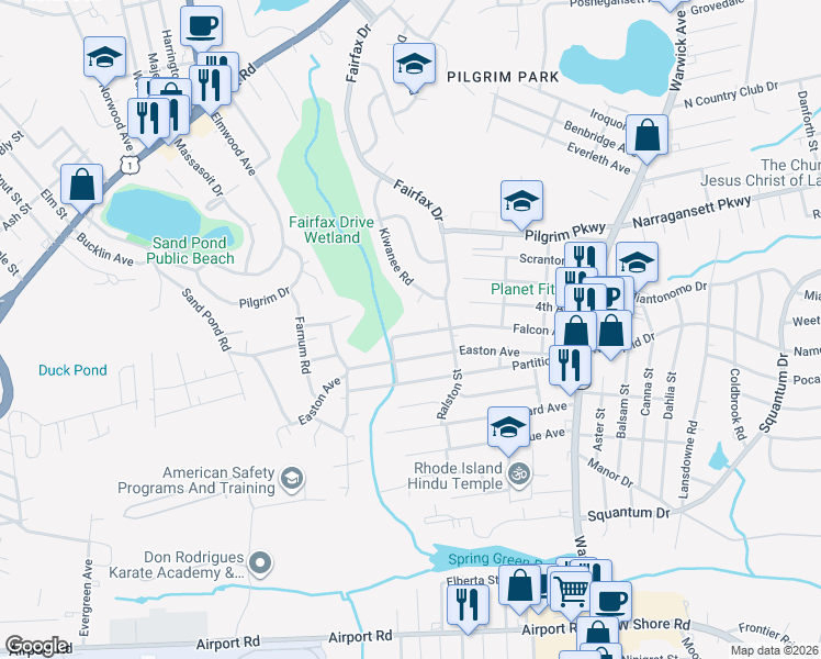 map of restaurants, bars, coffee shops, grocery stores, and more near 185 Falcon Avenue in Warwick