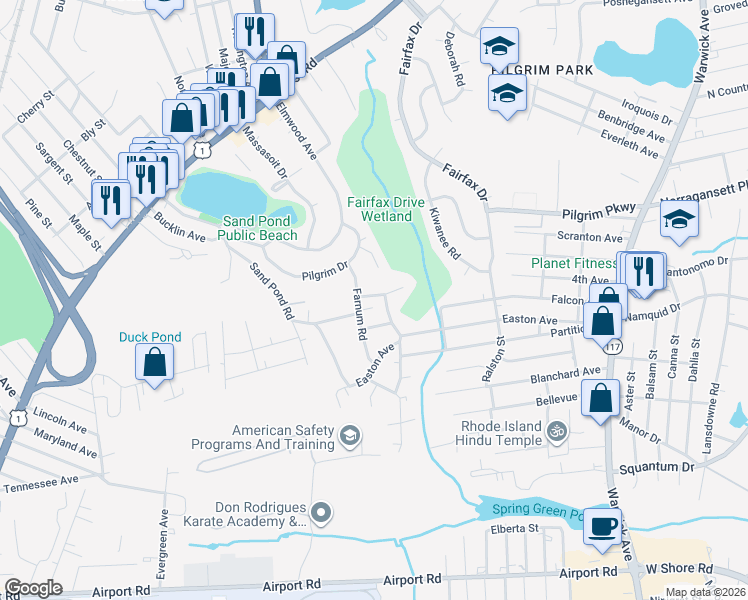 map of restaurants, bars, coffee shops, grocery stores, and more near 3 Potomac Circle in Warwick
