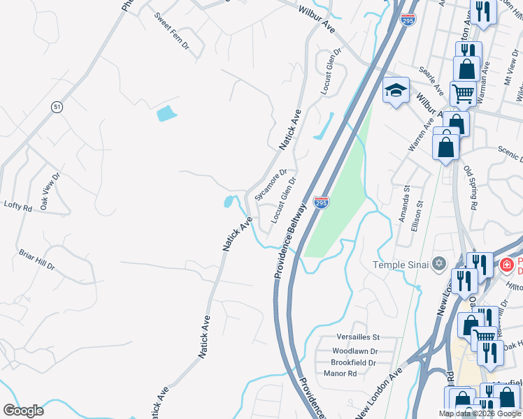 map of restaurants, bars, coffee shops, grocery stores, and more near 91 Sycamore Drive in Cranston