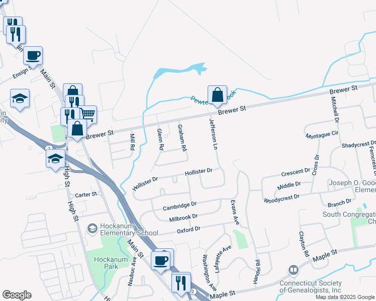 map of restaurants, bars, coffee shops, grocery stores, and more near 72 Graham Road in East Hartford