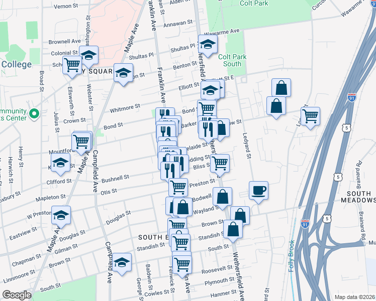 map of restaurants, bars, coffee shops, grocery stores, and more near 51 Adelaide Street in Hartford