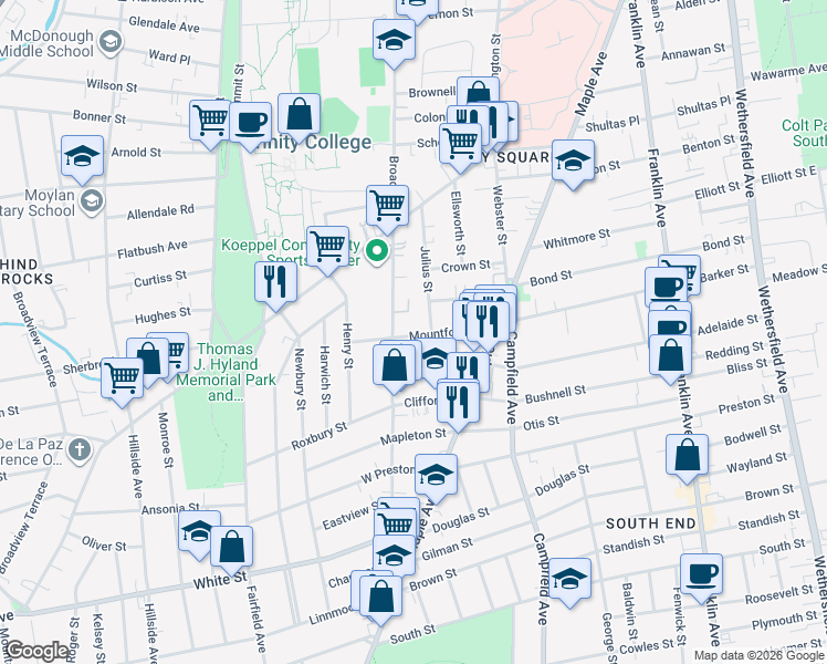 map of restaurants, bars, coffee shops, grocery stores, and more near in Hartford
