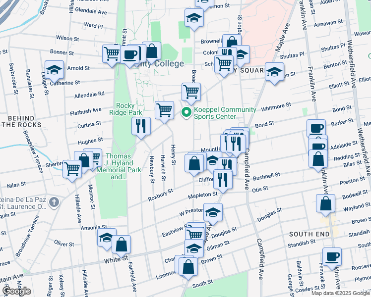 map of restaurants, bars, coffee shops, grocery stores, and more near 58 Henry Street in Hartford