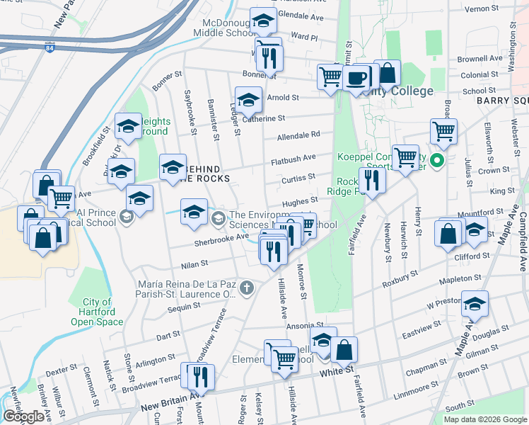 map of restaurants, bars, coffee shops, grocery stores, and more near 114 Sherbrooke Avenue in Hartford