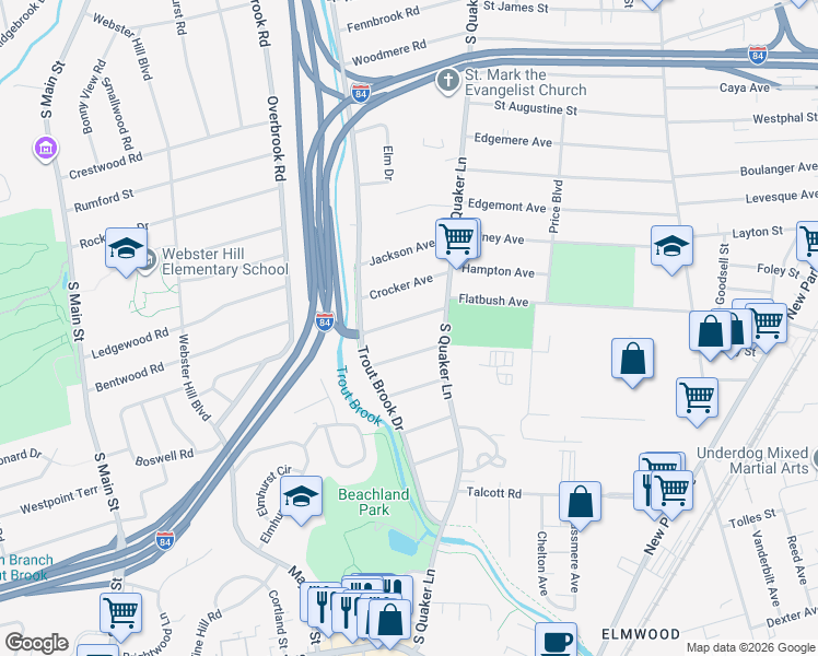 map of restaurants, bars, coffee shops, grocery stores, and more near 41 Clarendon Avenue in West Hartford
