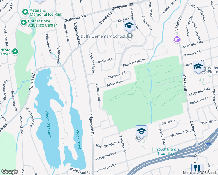 map of restaurants, bars, coffee shops, grocery stores, and more near 19 Belcrest Road in West Hartford