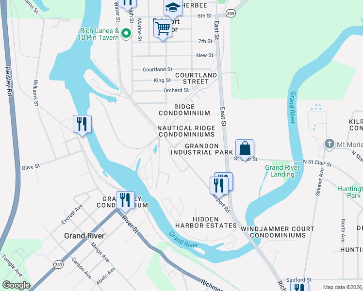 map of restaurants, bars, coffee shops, grocery stores, and more near 202 Nautical Way in Fairport Harbor