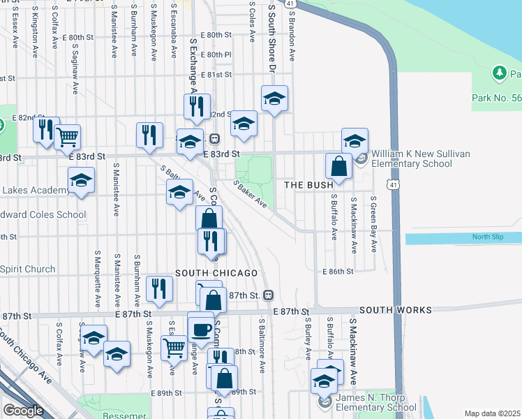 map of restaurants, bars, coffee shops, grocery stores, and more near 8370 South Baker Avenue in Chicago
