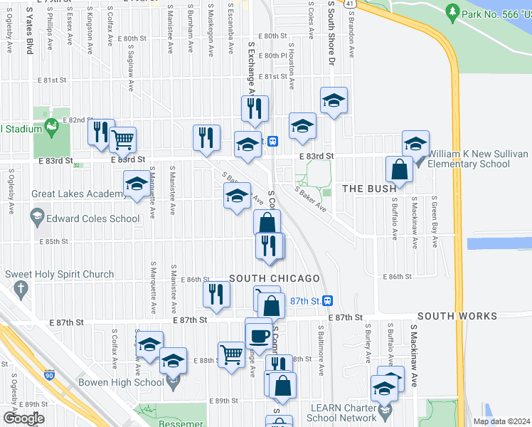 map of restaurants, bars, coffee shops, grocery stores, and more near 8438 South Baltimore Avenue in Chicago