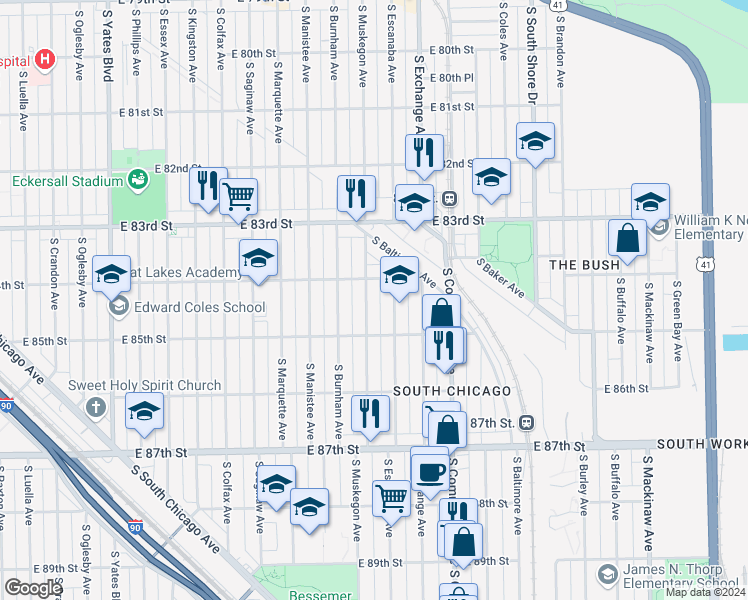 map of restaurants, bars, coffee shops, grocery stores, and more near 8423 South Muskegon Avenue in Chicago