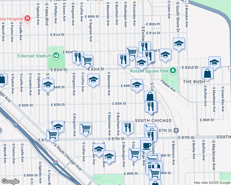 map of restaurants, bars, coffee shops, grocery stores, and more near 8424 South Burnham Avenue in Chicago