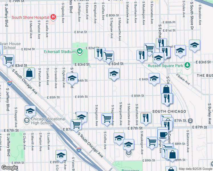 map of restaurants, bars, coffee shops, grocery stores, and more near 8423 South Colfax Avenue in Chicago
