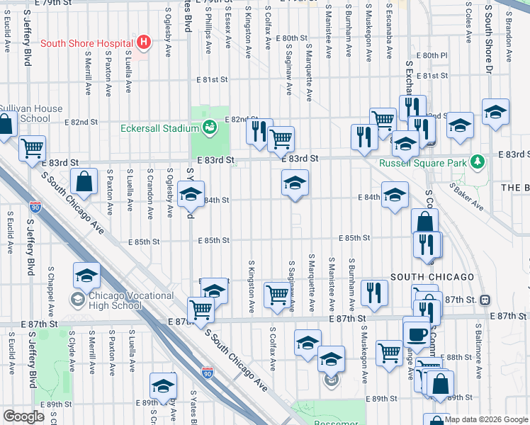 map of restaurants, bars, coffee shops, grocery stores, and more near 8423 South Colfax Avenue in Chicago