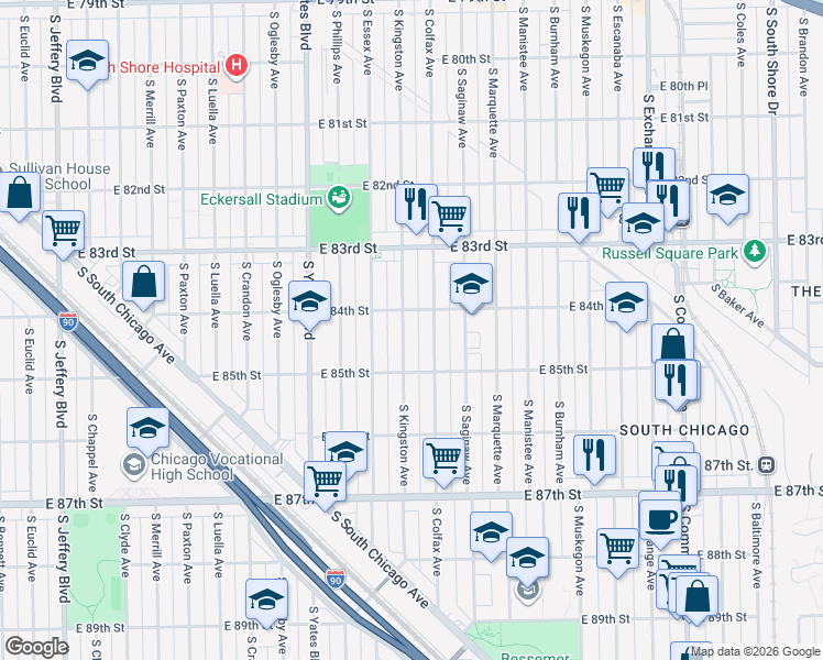 map of restaurants, bars, coffee shops, grocery stores, and more near 8420 South Kingston Avenue in Chicago