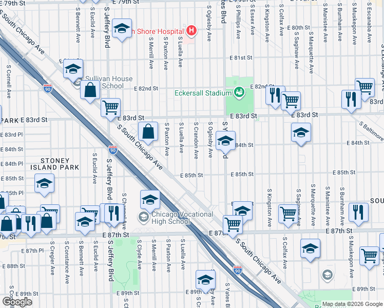 map of restaurants, bars, coffee shops, grocery stores, and more near 8419 South Crandon Avenue in Chicago
