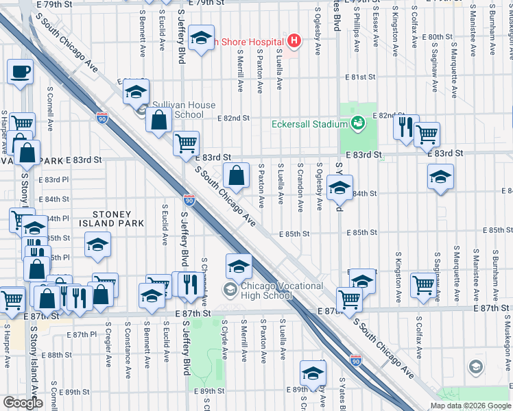 map of restaurants, bars, coffee shops, grocery stores, and more near 8449 South South Chicago Avenue in Chicago