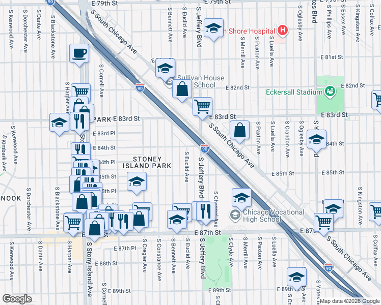 map of restaurants, bars, coffee shops, grocery stores, and more near 8418 South Jeffery Boulevard in Chicago