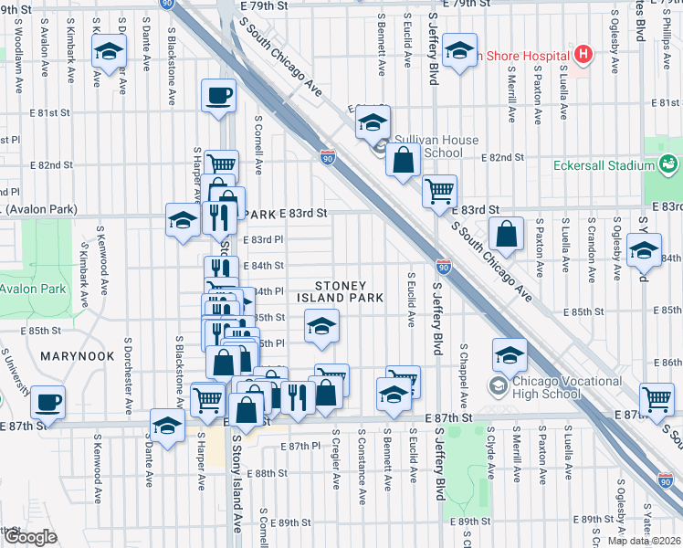 map of restaurants, bars, coffee shops, grocery stores, and more near 8417 South Cregier Avenue in Chicago
