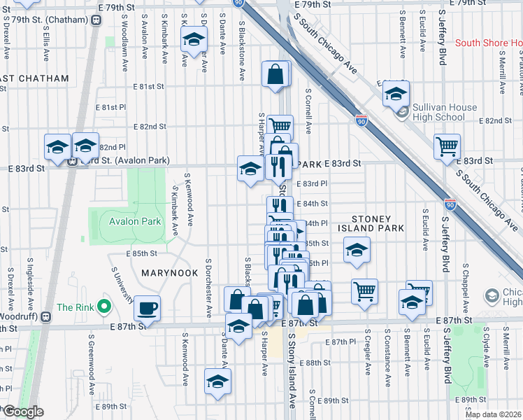map of restaurants, bars, coffee shops, grocery stores, and more near 1537 East 84th Street in Chicago
