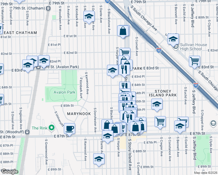 map of restaurants, bars, coffee shops, grocery stores, and more near 1501 East 84th Street in Chicago