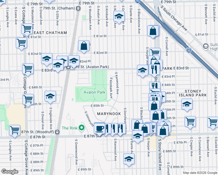 map of restaurants, bars, coffee shops, grocery stores, and more near 8406 South Kimbark Avenue in Chicago