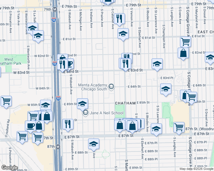 map of restaurants, bars, coffee shops, grocery stores, and more near 8356 South Prairie Avenue in Chicago