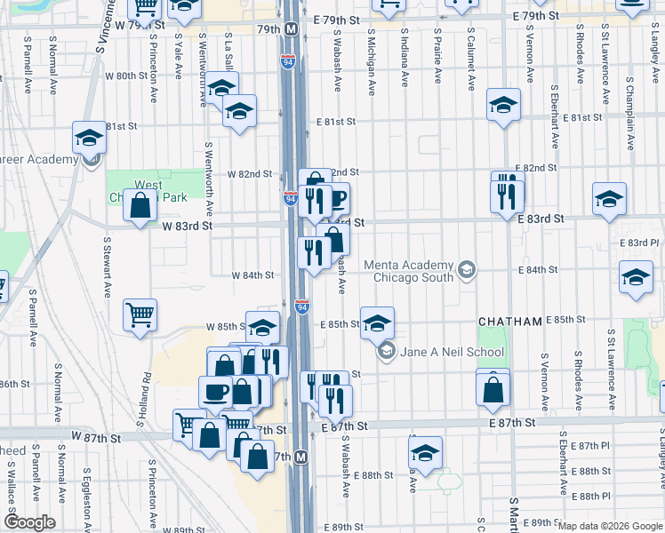 map of restaurants, bars, coffee shops, grocery stores, and more near 8359 South Wabash Avenue in Chicago