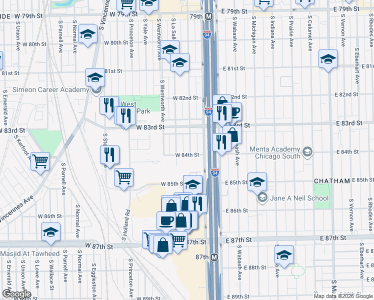 map of restaurants, bars, coffee shops, grocery stores, and more near 8354 South Perry Avenue in Chicago