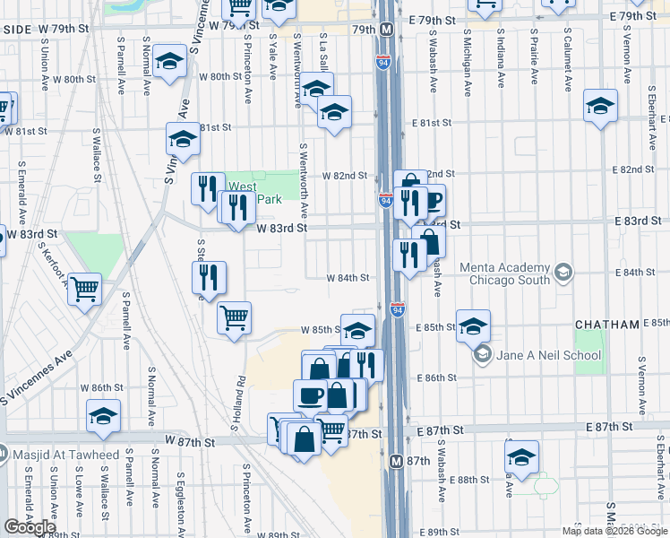 map of restaurants, bars, coffee shops, grocery stores, and more near 8354 South Perry Avenue in Chicago