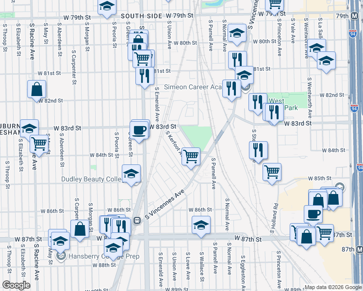 map of restaurants, bars, coffee shops, grocery stores, and more near 8359 South Kerfoot Avenue in Chicago